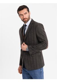 Ombre Clothing - Męska elegancka marynarka w kratkę z domieszką wełny – ciemnobrązowa V3 - Rozmiar: S. Kolor: szary. Materiał: wełna. Wzór: kratka. Styl: elegancki