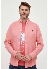 Polo Ralph Lauren koszula bawełniana męska kolor różowy slim z kołnierzykiem button-down. Okazja: na co dzień. Typ kołnierza: button down, polo. Kolor: różowy. Materiał: bawełna. Wzór: aplikacja. Styl: casual #4