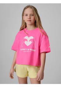 4f - 4F T-shirt loose z nadrukiem dziewczęcy - różowy 134/140 (8-10 lat). Okazja: na co dzień. Kolor: różowy. Materiał: materiał, bawełna, dzianina. Długość: krótkie. Wzór: nadruk. Sezon: lato. Styl: casual #1