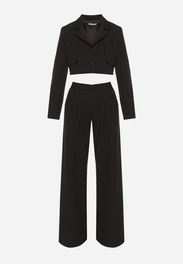 Born2be - Czarny Komplet Garniturowy z Krótką Marynarką i Szerokimi Spodniami Laoisetta. Kolor: czarny. Materiał: materiał. Wzór: paski