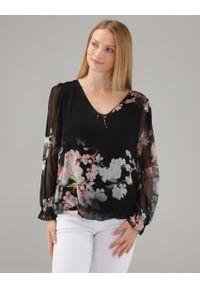 Unisono - JEDWABNA BLUZKA W KWIATY 160-6085F NERO. Materiał: jedwab. Wzór: kwiaty #1