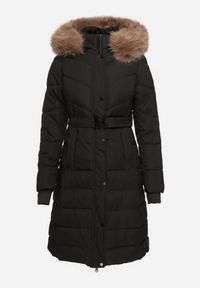 Born2be - Czarno-Brązowa Kurtka o Długim Fasonie z Paskiem i Odpinanym Futerkiem Delathra. Okazja: do pracy, na co dzień. Kolor: czarny. Materiał: futro. Długość: długie. Styl: klasyczny, casual, elegancki #4