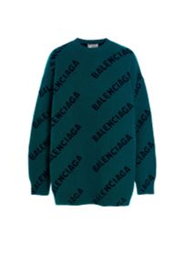 Balenciaga - BALENCIAGA - Dzianinowy sweter oversize z logowaniem. Kolor: zielony. Materiał: dzianina. Długość rękawa: długi rękaw. Długość: długie. Wzór: aplikacja