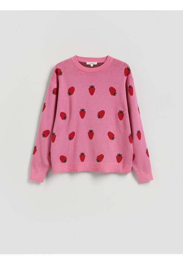 Reserved - Wzorzysty sweter z bawełną - różowy. Kolor: różowy. Materiał: bawełna