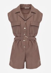 Born2be - Brązowy Bawełniano-Lniany Kombinezon Casual w Stylu Safari z Paskiem w Klamrą Cecis. Okazja: na co dzień. Kolor: brązowy. Materiał: len, bawełna. Długość: długie. Styl: casual #8