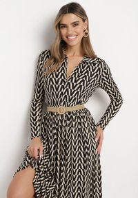Born2be - Beżowo-Czarna Sukienka w Tygrysie Paski Chalmo. Okazja: na co dzień. Typ kołnierza: dekolt w serek. Kolor: beżowy. Długość rękawa: długi rękaw. Wzór: paski. Typ sukienki: proste. Styl: klasyczny, casual #5
