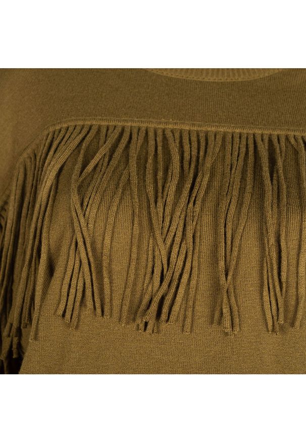 Trussardi Jeans Sweter | 56M001440 | Kobieta | Khaki. Okazja: na co dzień. Typ kołnierza: golf. Kolor: brązowy. Materiał: wełna, nylon, akryl. Długość rękawa: długi rękaw. Długość: długie. Wzór: aplikacja. Styl: casual