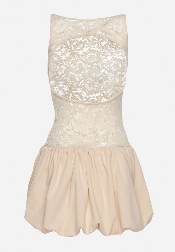 Born2be - Beżowa Sukienka Koktajlowa z Dołem o Fasonie Bombki i Koronkową Górą Pievalia. Okazja: na co dzień. Kolor: beżowy. Materiał: koronka. Typ sukienki: bombki. Styl: wizytowy