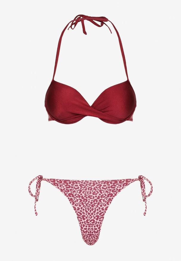 Renee - Bordowe Wiązane Bikini Biustonosz Halter i Majtki Figi Savadine. Kolor: czerwony. Wzór: aplikacja