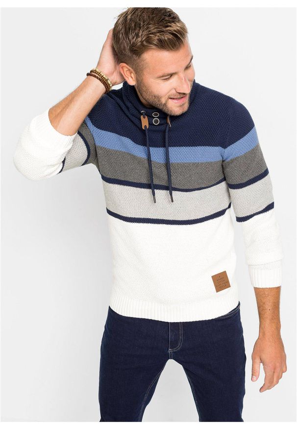 bonprix - Sweter z dzianiny o luźnym splocie z kołnierzem kominem, z czystej bawełny. Typ kołnierza: komin. Kolor: niebieski. Materiał: dzianina, bawełna. Wzór: ze splotem