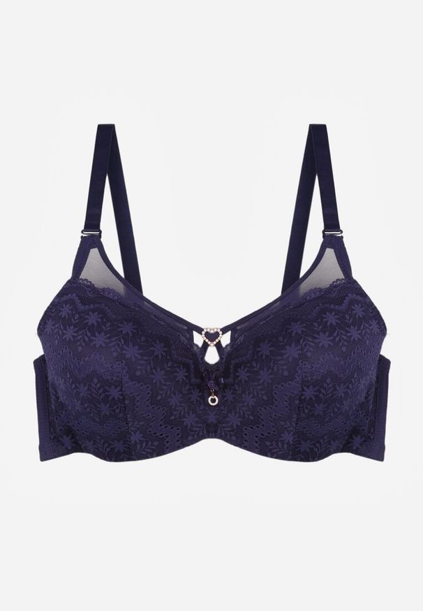 Renee - Granatowy Biustonosz z Koronki z Sercem z Cyrkonii Adrievianna. Kolor: niebieski. Materiał: koronka. Wzór: koronka