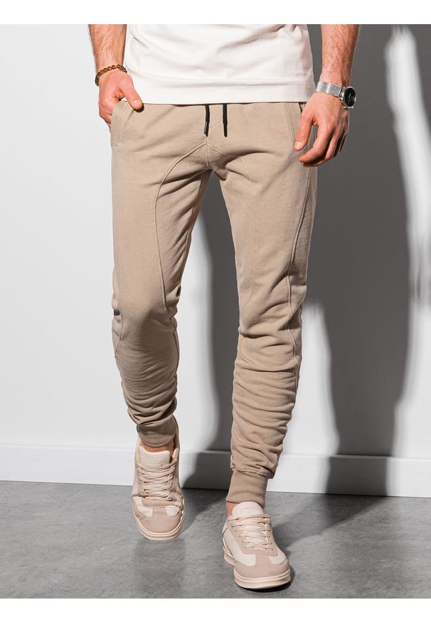 Ombre Clothing - Spodnie męskie dresowe joggery P948 - beżowe - XXL. Kolor: beżowy. Materiał: dresówka