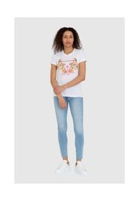 Guess - GUESS Biały t-shirt damski z logo z kwiatami i dżetami slim fit, Rozmiar S. Kolor: biały. Materiał: bawełna. Wzór: kwiaty