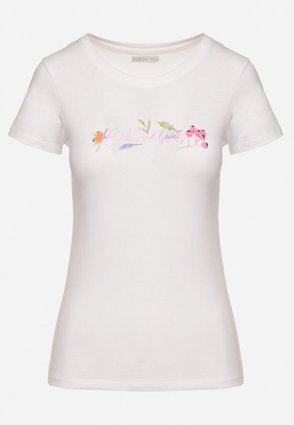 Born2be - Biały Bawełniany T-shirt z Ozdobnym Nadrukiem Zaromira. Okazja: na co dzień. Kolor: biały. Materiał: bawełna. Wzór: nadruk. Styl: klasyczny, elegancki, casual