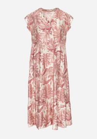 Born2be - Ciemnoróżowa Sukienka z Wiskozą o Rozkloszowanym Kroju z Falbankami w Roślinny Wzór Amoira. Okazja: na co dzień. Typ kołnierza: kołnierz z falbankami. Kolor: różowy. Materiał: wiskoza. Długość rękawa: krótki rękaw. Styl: casual, elegancki #5