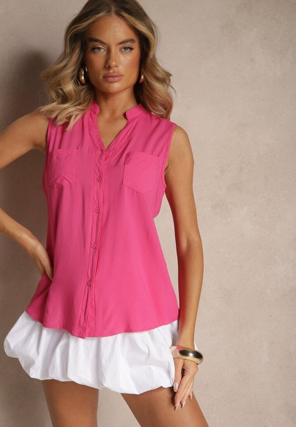 Renee - Fuksjowa Koszula z Wiskozy z Ozdobnymi Kieszeniami Lumorinne. Okazja: na co dzień, na spotkanie biznesowe. Kolor: różowy. Materiał: wiskoza. Styl: biznesowy, elegancki, casual