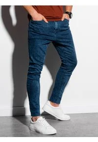 Ombre Clothing - Męskie spodnie jeansowe marmurkowe z surowo wykończoną nogawką SLIM FIT - ciemnoniebieskie V4 OM-PADP-0146 - XL. Kolor: niebieski. Materiał: jeans #3