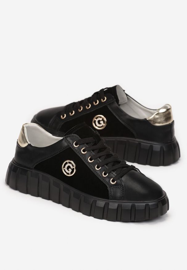 Born2be - Czarno-Złote Sneakersy Skórzane na Grubej Podeszwie Cremini. Zapięcie: sznurówki. Kolor: czarny. Materiał: skóra. Szerokość cholewki: normalna. Wzór: aplikacja. Sezon: jesień, wiosna