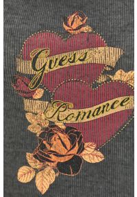 Guess t-shirt damski kolor szary. Kolor: szary. Materiał: materiał, dzianina, prążkowany. Długość rękawa: krótki rękaw. Długość: krótkie. Wzór: nadruk #5