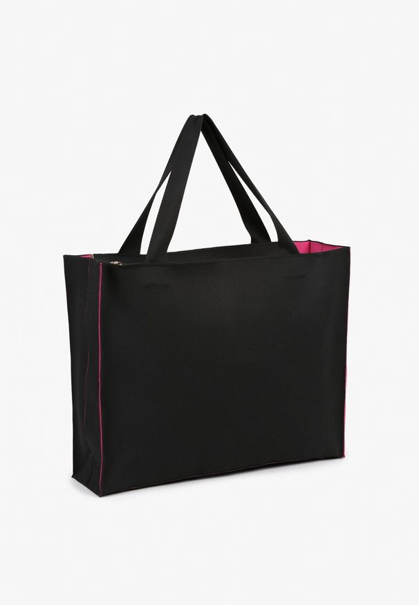 Born2be - Czarno-Fuksjowa Torebka Shopper Materiałowa z Napisem Zasuwana Saliretia. Kolor: czarny. Wzór: napisy. Styl: casual, biznesowy
