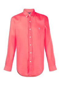 Ralph Lauren - RALPH LAUREN - Czerwona lniana koszula z logo. Typ kołnierza: polo, button down. Kolor: czerwony. Materiał: len. Długość rękawa: długi rękaw. Długość: długie. Wzór: haft