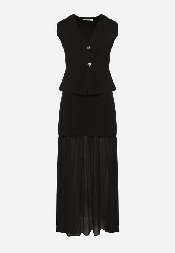 Born2be - Czarny Komplet z Dzianiny z Wiskozą Kamizelka i Spódnica Nelvila. Kolor: czarny. Materiał: wiskoza, dzianina