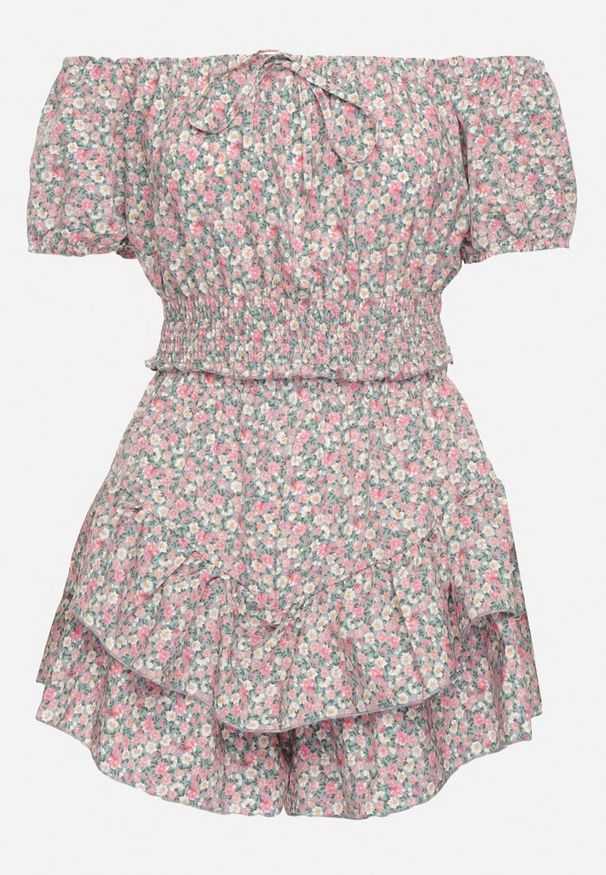 Born2be - Zielono-Różowy Komplet Bluzka Hiszpanka i Spódnico-Spodenki z Falbankami Sadelissea. Kolor: zielony