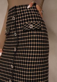 Renee - Czarno-Beżowa Tweedowa Spódnica Ołówkowa w Kratę z Guzikami Aretusa. Okazja: na spotkanie biznesowe. Stan: podwyższony. Kolor: czarny. Styl: biznesowy #3