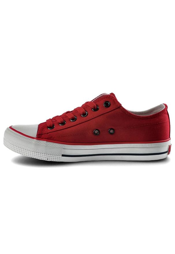 Big-Star - Czerwone Trampki Big Star Damskie Sznurowane Buty. Okazja: na uczelnię, do pracy. Kolor: czerwony. Materiał: jeans, materiał. Szerokość cholewki: normalna. Wzór: napisy. Styl: klasyczny