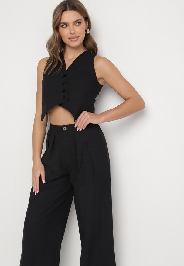 Born2be - Czarny Komplet Garniturowy z Bawełną i Wiskozą Spodnie i Kamizelka Polvivi. Kolor: czarny. Materiał: bawełna, wiskoza. Wzór: jednolity