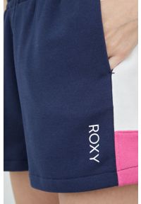 Roxy szorty damskie kolor granatowy z nadrukiem high waist. Okazja: na co dzień. Stan: podwyższony. Kolor: niebieski. Materiał: włókno, dzianina. Wzór: nadruk. Styl: casual #2