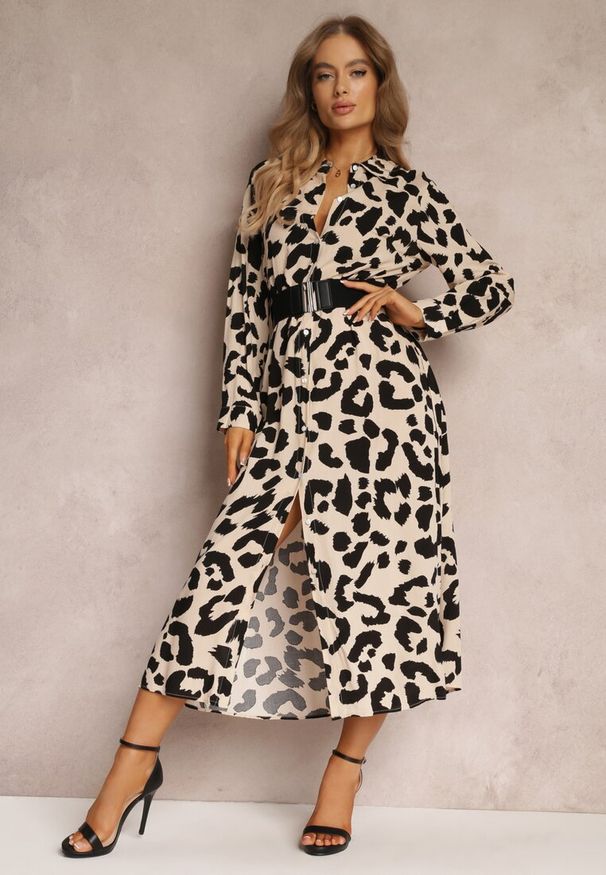 Renee - Beżowo-Czarna Sukienka Koszulowa w Cętki z Paskiem Canahy. Okazja: na spotkanie biznesowe, do pracy. Typ kołnierza: dekolt w kształcie V. Kolor: beżowy. Materiał: tkanina, wiskoza. Typ sukienki: koszulowe. Styl: biznesowy, klasyczny