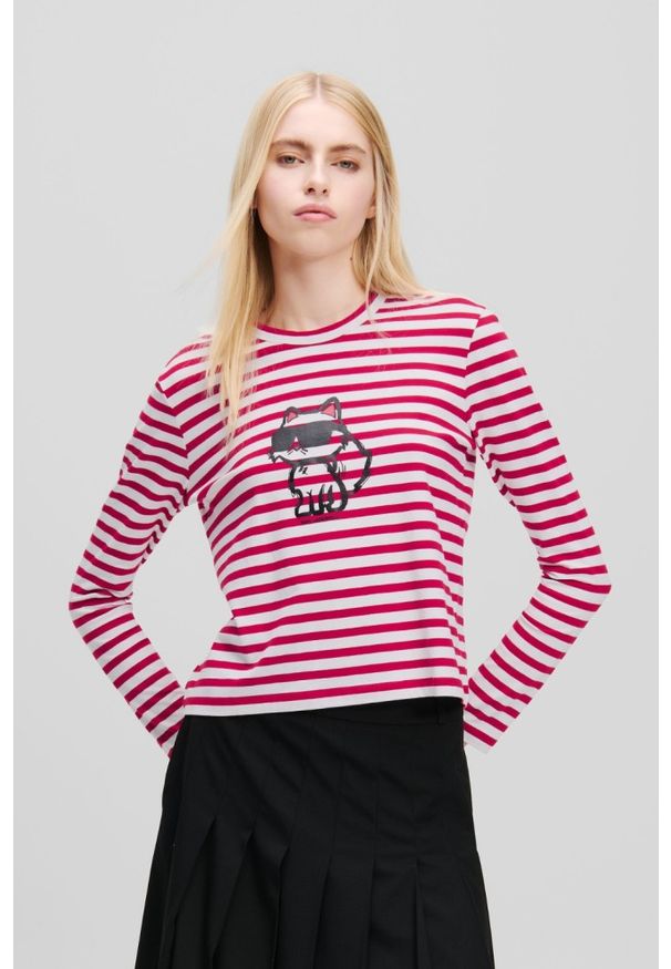Karl Lagerfeld - KARL LAGERFELD Czerwono-biały damski lonsgleeve Ikon Print Stripe, Rozmiar XS. Kolor: czerwony. Materiał: materiał. Wzór: nadruk. Styl: elegancki