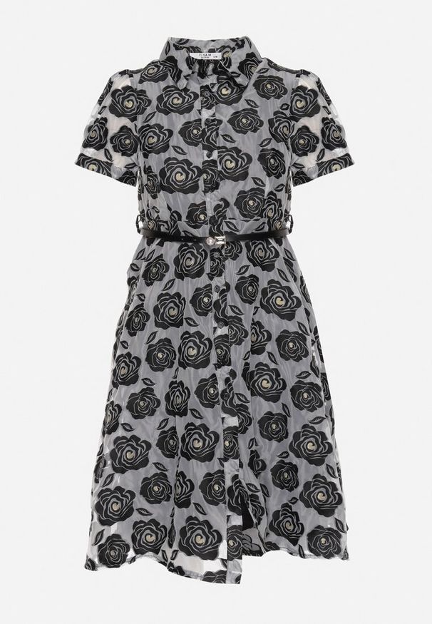 Born2be - Czarno-Szara Sukienka Koktajlowa o Koszulowym Kroju na Guziki z Paskiem z Perełką Vimari. Okazja: na randkę, na ślub cywilny, na wesele. Kolor: czarny. Długość rękawa: krótki rękaw. Typ sukienki: koszulowe. Styl: wizytowy