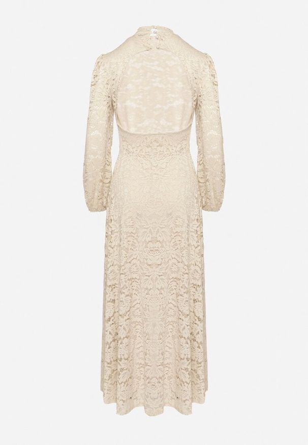 Born2be - Beżowa Rozkloszowana Sukienka Koktajlowa Ozdobiona Koronką z Odkrytymi Plecami Feliyana. Okazja: na imprezę. Kolor: beżowy. Materiał: koronka. Wzór: aplikacja, koronka. Styl: wizytowy