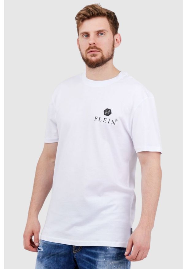 Philipp Plein - PHILIPP PLEIN Biały t-shirt męski Round neck ss iconic plein. Kolor: biały. Materiał: prążkowany, skóra. Wzór: aplikacja