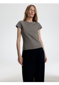 Reserved - T-shirt z bawełny merceryzowanej - beżowy. Kolor: beżowy. Materiał: bawełna