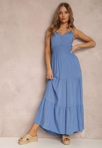 Renee - Niebieska Sukienka Egithoe. Kolor: niebieski. Długość rękawa: na ramiączkach. Wzór: ażurowy, jednolity, aplikacja. Długość: midi