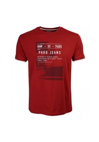 Pako Jeans - T-shirt Bawełniany, Bordowy, Ciemny Czerwony, Męski z Nadrukiem, Krótki Rękaw, U-neck -PAKO JEANS. Okazja: na co dzień. Kolor: czerwony. Materiał: bawełna. Długość rękawa: krótki rękaw. Długość: krótkie. Wzór: nadruk. Styl: casual #1