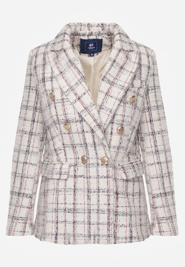 Renee - Biała Dwurzędowa Marynarka z Błyszczącą Nicią i Poduszkami na Ramionach Elilona. Kolor: biały. Materiał: dzianina. Długość rękawa: długi rękaw. Długość: długie. Styl: klasyczny