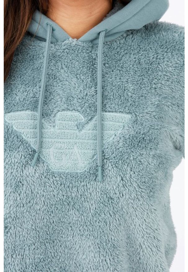 Emporio Armani - EMPORIO ARMANI Zielona pluszowa bluza damska, Rozmiar XS. Kolor: zielony. Materiał: poliester, prążkowany. Wzór: aplikacja