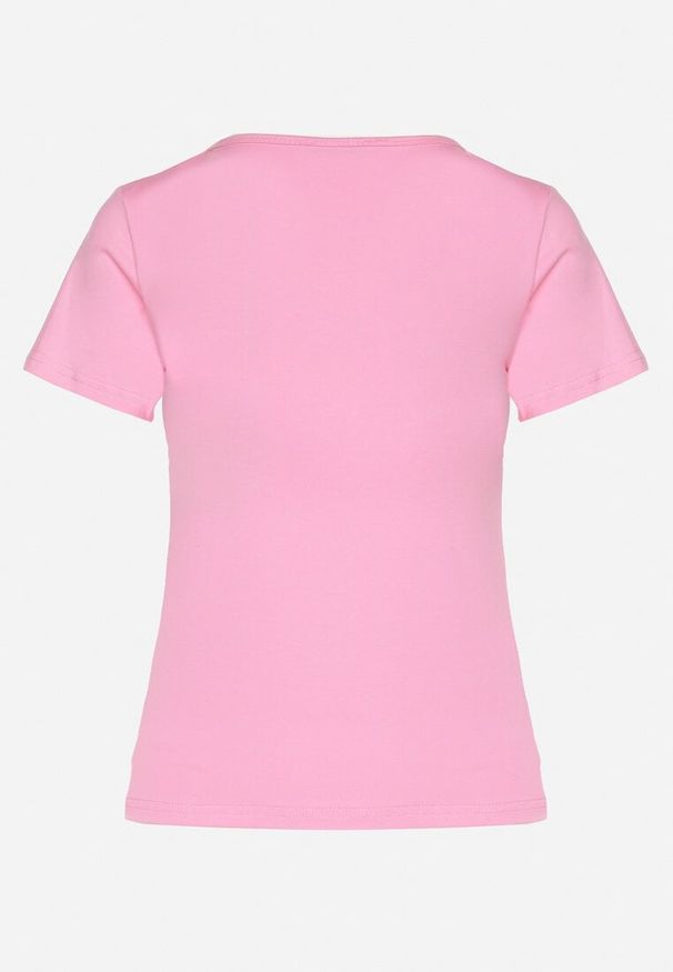 Born2be - Różowy T-shirt z Bawełny z Cyrkoniowym Wzorem Uliavira. Okazja: na co dzień. Typ kołnierza: dekolt w kształcie V. Kolor: różowy. Materiał: bawełna. Wzór: aplikacja. Styl: elegancki, casual