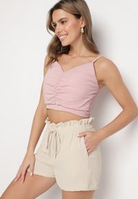 Born2be - Beżowe Szorty z Wysokim Stanem i Ozdobnym Sznurkiem Milnella. Okazja: na co dzień. Stan: podwyższony. Kolor: beżowy. Sezon: lato. Styl: casual, elegancki