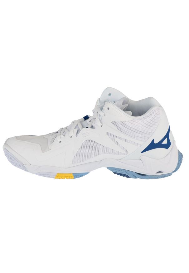 Mizuno - Buty do siatkówki unisex, Wave Lightning Z8 Mid. Kolor: biały, niebieski, wielokolorowy. Materiał: guma, skóra, syntetyk, materiał, tkanina. Model: Mizuno Wave. Sport: siatkówka
