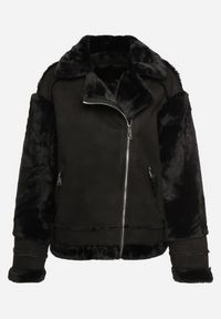 Born2be - Czarna Kurtka Biker o Prostym Kroju z Asymetrycznym Suwakiem i Futrzanymi Wstawkami Liogala. Okazja: na co dzień, na spacer. Kolor: czarny. Materiał: futro. Styl: casual, klasyczny #4