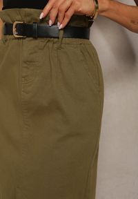 Renee - Zielona Bawełniana Spódnica High Waist z Rozcięciem Paskiem i Gumką w Talii Crisbella. Okazja: na co dzień. Stan: podwyższony. Kolor: zielony. Materiał: bawełna. Styl: elegancki, casual #4