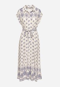 Born2be - Beżowo-Niebieska Koszulowa Sukienka z Wiskozy w Kwiatowy Wzór z Wiązanym Paskiem Iffinara. Okazja: na co dzień, na randkę, na spacer. Kolor: niebieski. Materiał: wiskoza. Długość rękawa: krótki rękaw. Wzór: kwiaty. Typ sukienki: koszulowe. Styl: casual, elegancki, klasyczny #3