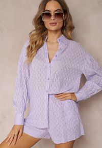 Renee - Fioletowy 2-częściowy Komplet z Elegancką Koszulą Oversize i Szortami Aphinthe. Kolor: fioletowy. Materiał: tkanina