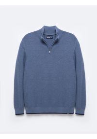 Big-Star - Sweter męski z półgolfem i krótkim zamkiem niebieski Samsonis 402. Okazja: na co dzień. Typ kołnierza: kołnierzyk stójkowy. Kolor: niebieski. Materiał: bawełna. Długość: krótkie. Wzór: ze splotem. Styl: sportowy, klasyczny, casual