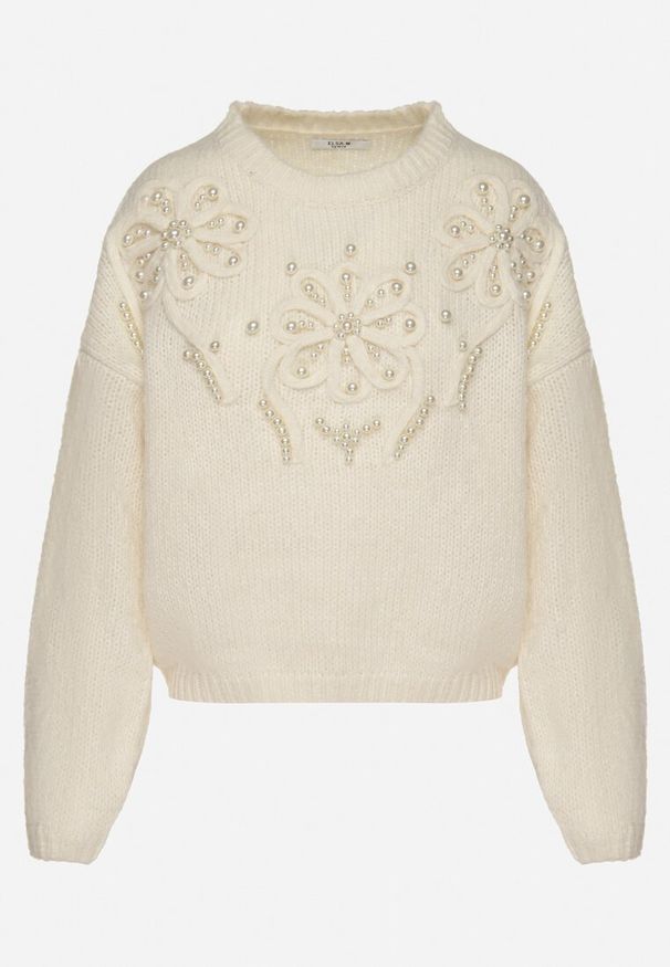 Born2be - Beżowy Sweter o Prostym Kroju z Ozdobną Aplikacją w Kształcie Kwiatów z Perełkami Heditana. Okazja: na co dzień, na spotkanie biznesowe, do pracy. Kolor: beżowy. Materiał: jeans. Długość rękawa: długi rękaw. Długość: długie. Wzór: aplikacja, kwiaty. Styl: biznesowy, klasyczny, casual